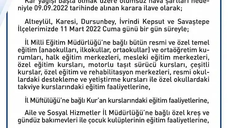 Balıkesir'de 6 ilçeye daha kar tatili
